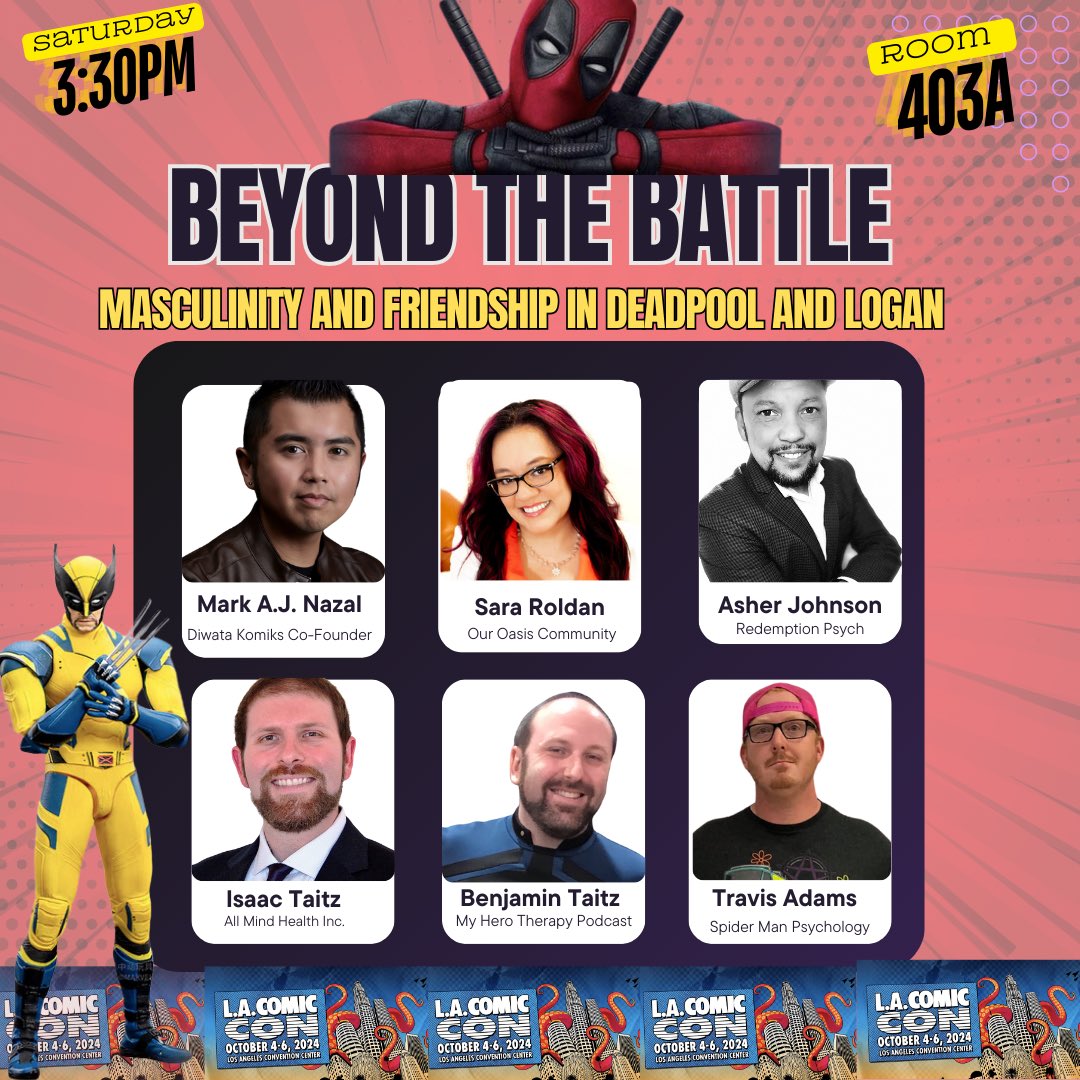 MyHeroTherapy's tweet photo. Heroes! Assemble at @comicconla !!! Our cohost Benjamin will be presenting on 7 panels alongside our hero teammates @AllMindHealth1, @MHQPodcast, @DiwataKomiks, @psychforgeeks, and @ouroasiscommunity podcast!! If you’re there come say hi!! https://t.co/BzphmpZXun