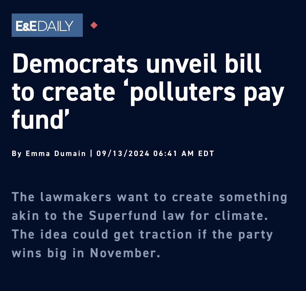 Two weeks ago, Democrats unveiled a bill that would raise $1 trillion from oil and gas companies to pay for climate damages like what we’re seeing from #Helene. 

I have a feeling it’s about to get a lot more attention… eenews.net/articles/democ…