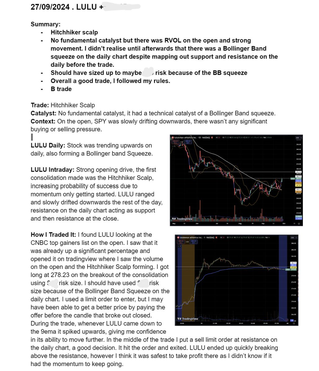 T_trader26's tweet photo. Took a scalp trade on $LULU last night, overall a good trade. Daily report card below. https://t.co/YyTPe4Be4t