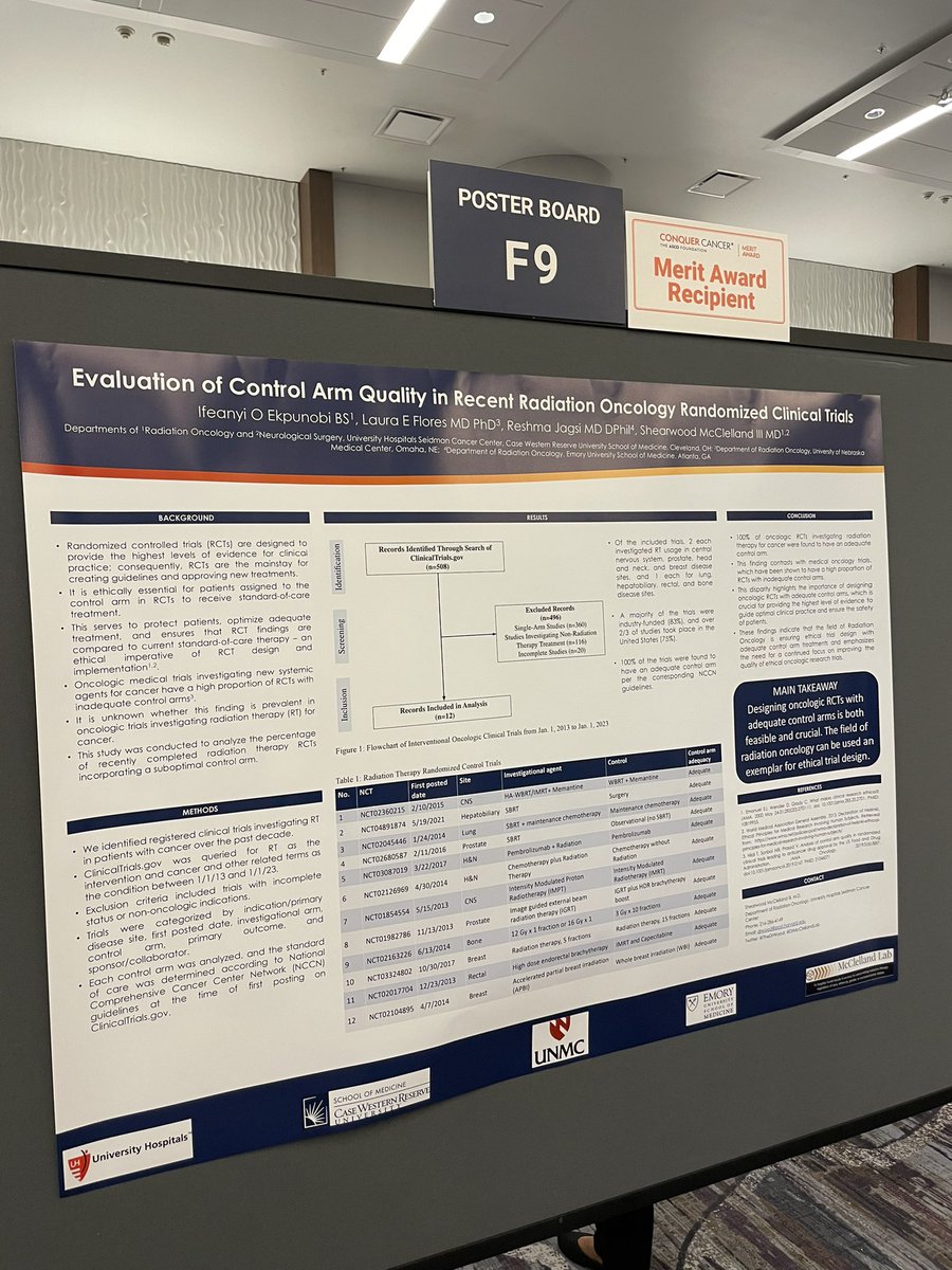ify_ekpunobi's tweet photo. I had the amazing opportunity to present my research on control arm quality in radiation oncology clinical trials at #ASCOQLTY24 . I’m so grateful to @ConquerCancerFd for awarding me a 2024 Conquer Cancer Merit Award and for my incredible mentor @TheDrWood @DrMcClellandLab. https://t.co/0KOrvfVyoG