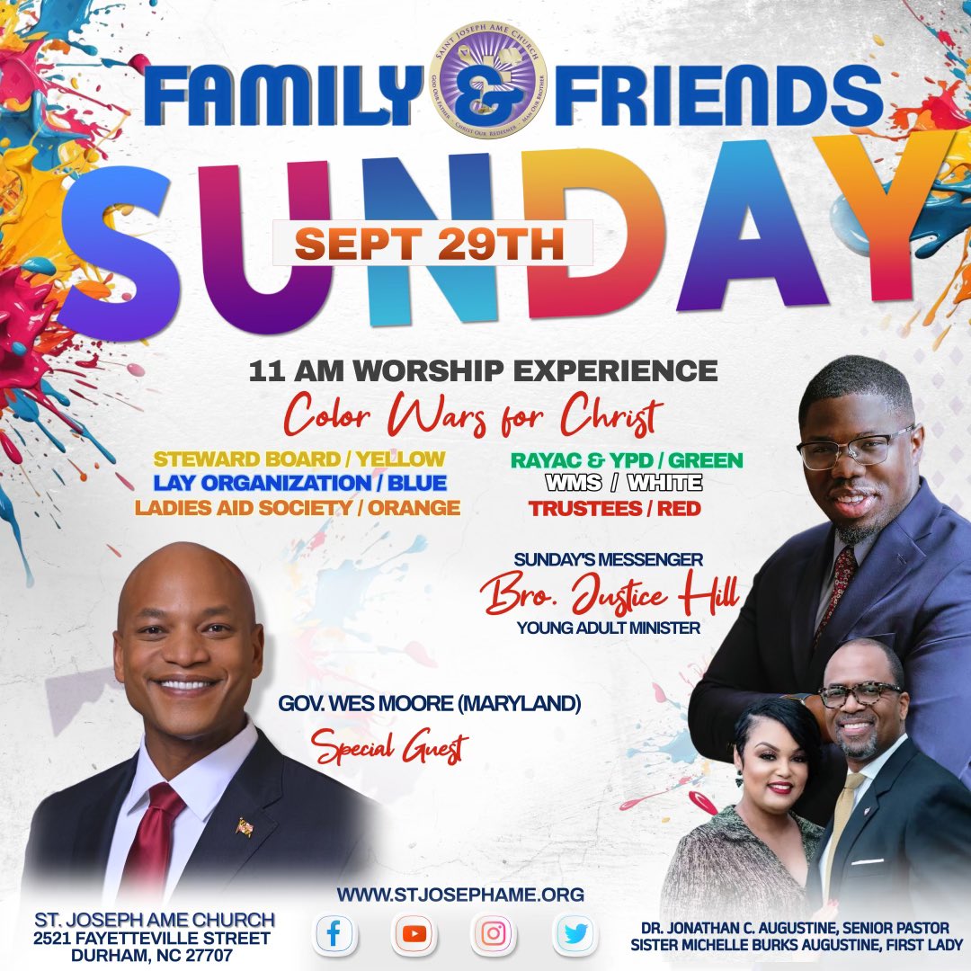 Please join us at <a href="/StJosephAME/">St. Joseph AME Church</a> on 9.29.24 4 #FamilyandFriendsDay as we welcome <a href="/GovWesMoore/">Governor Wes Moore</a> 2 #Durham. <a href="/NatalieforNC/">Senator Natalie Murdock</a> <a href="/PRProPam/">PRProPam Pam Purifoy</a> <a href="/NCDemParty/">NC Democratic Party</a>