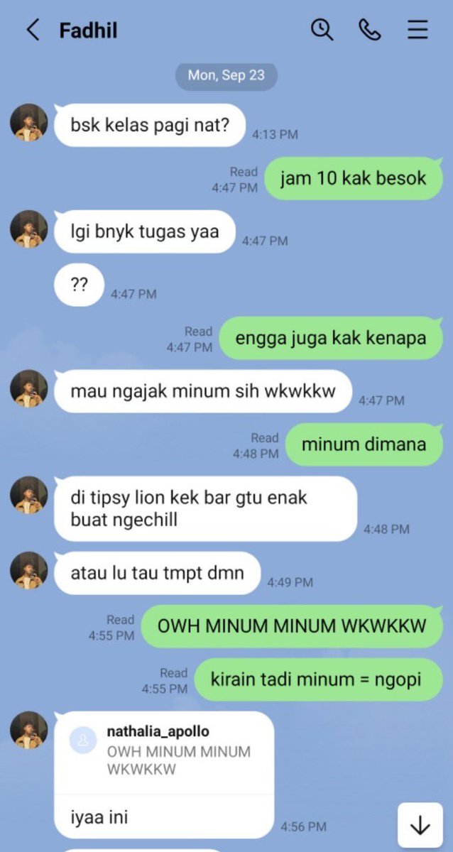 ini chat temenku diajakin dia minum….