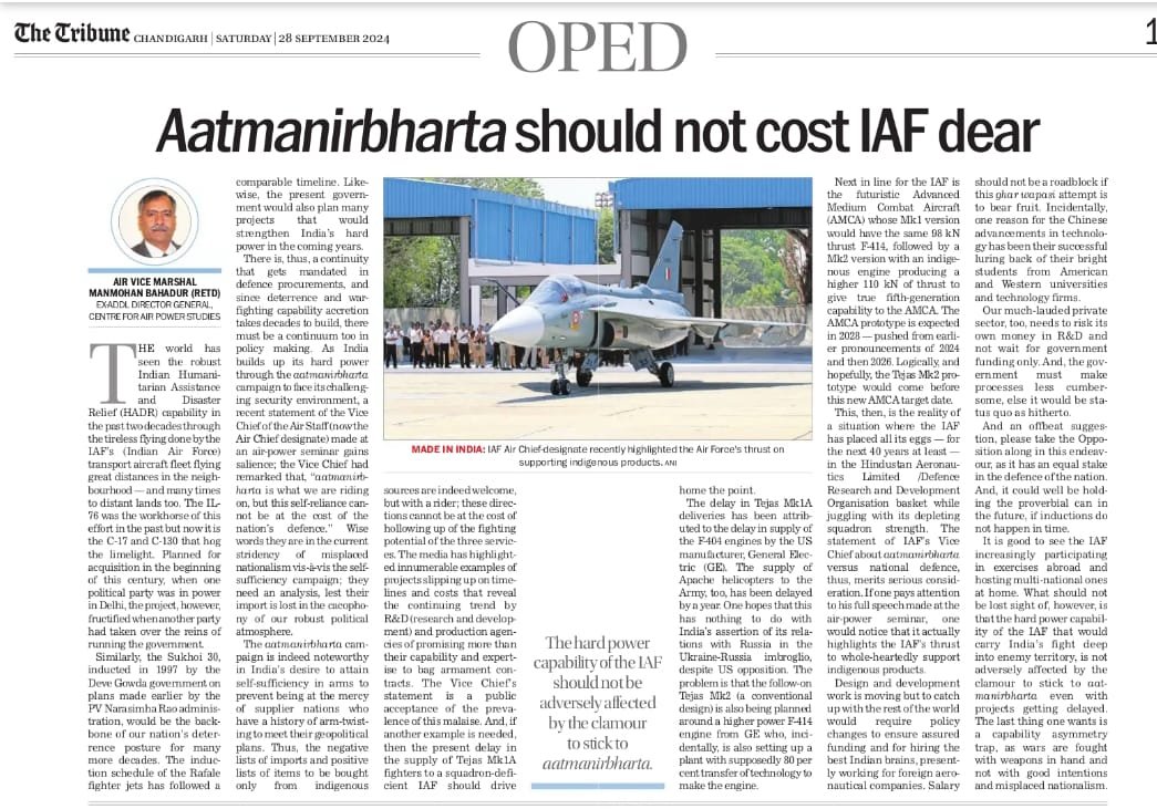 BahadurManmohan's tweet photo. The aatmanirbharta campaign is good, but we need to carefully evaluate whether our hard power accretion is keeping pace with our security environment.

Good intentions &amp; misplaced nationalism should NOT drive our analysis - that should be clinical.

My OpEd in The Tribune today. https://t.co/S05z9B69nd