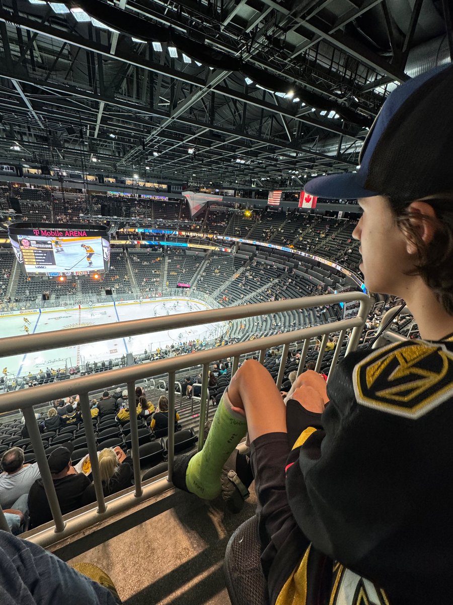 Kid is so pumped to be at the game! Broke his ankle in a 12U house league game two weeks ago, VGK made it super easy to swap our seats to scooter accessible seats. #VegasBorn
