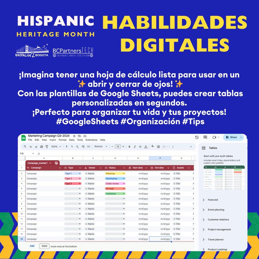 ¿No tienes tiempo para crear tablas desde cero? ¡Las plantillas preconstruidas de Google Sheets son tu solución! Organiza tus datos, crea informes profesionales y ahorra tiempo. ¡Empieza a usarlas hoy mismo! 

#GoogleSheets #Productividad #HispanicHeritageMonth #Productividad