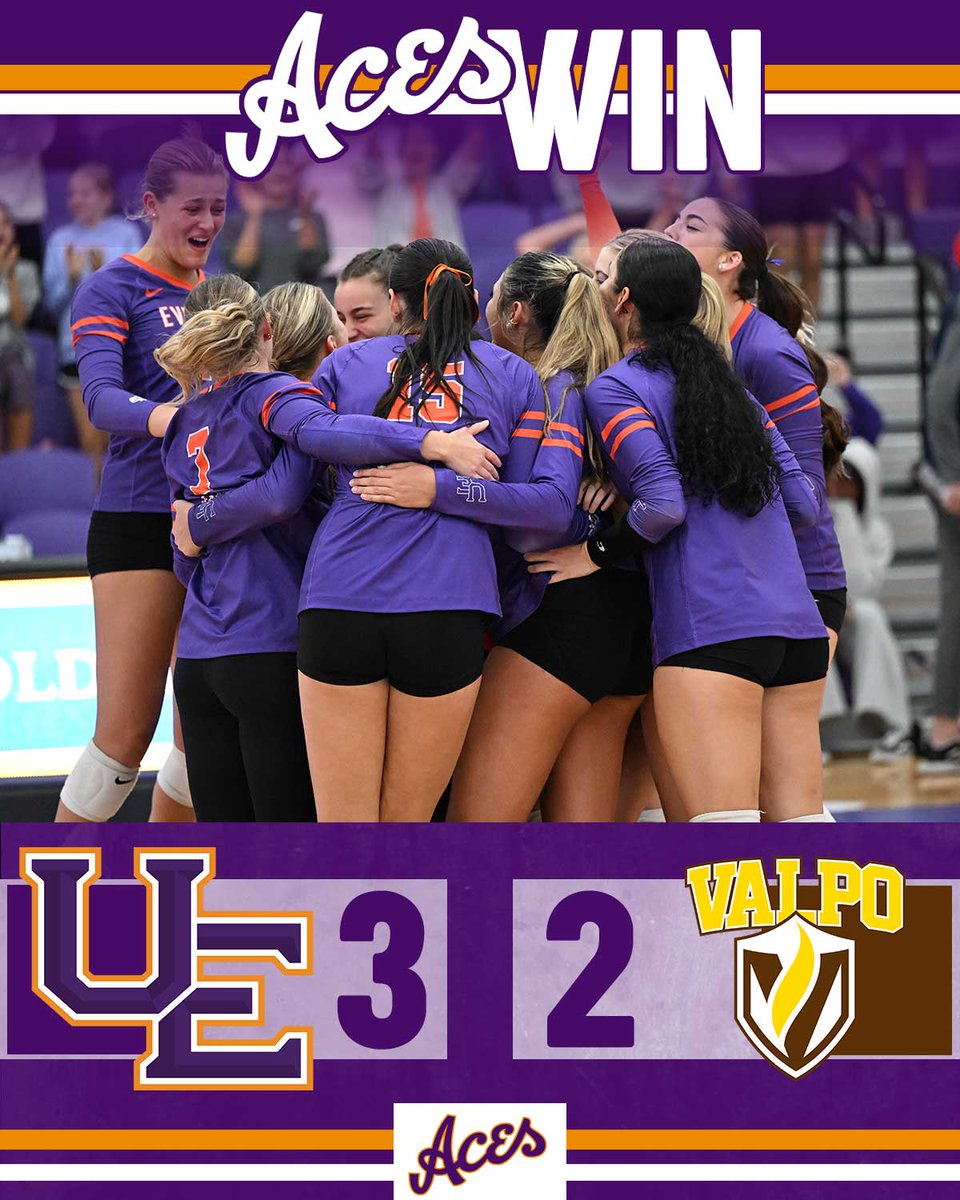 Aces win!  UE scored the final nine points in the 5th set to open MVC play with a 3-2 win over Valparaiso!

🏐 #ForTheAces