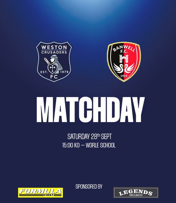 Weston Crusaders FC (@crusadersfc1979) on Twitter photo Another tough test for us today as we take on <a href="/banwellfc/">Banwell FC</a>
🆚 Banwell Reserves
🏆<a href="/WDistrict_FL/">Weston&DistrictFL</a>
📍Worle School
⏱️15:00 Kick Off
Get down and support the lads
#UTC Another tough test for us today as we take on <a href="/banwellfc/">Banwell FC</a>
🆚 Banwell Reserves
🏆<a href="/WDistrict_FL/">Weston&DistrictFL</a>
📍Worle School
⏱️15:00 Kick Off
Get down and support the lads
#UTC