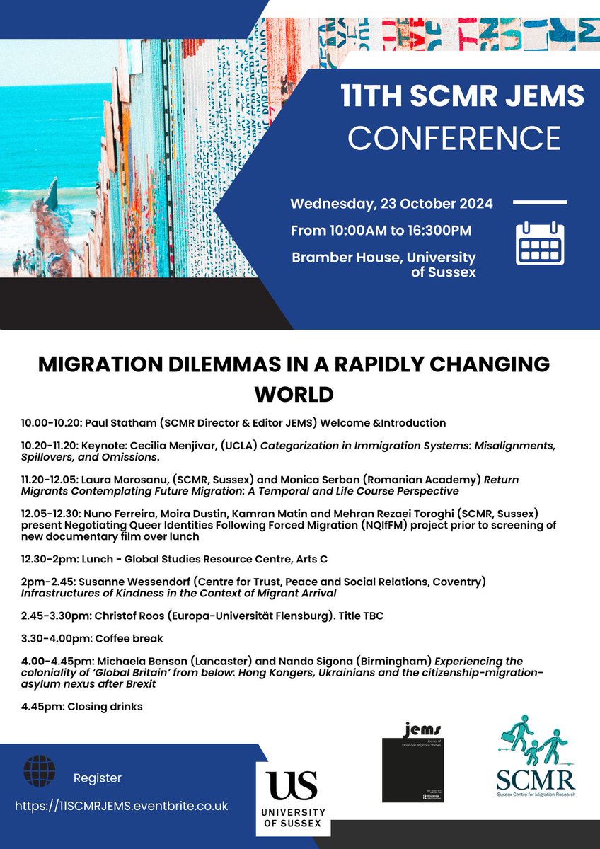 SCMR (@scmrjems) on Twitter photo Please join us for the 11th SCMR-JEMS annual conference - Migration Dilemmas in a rapidly changing world
📅 Oct 23rd, 2024
📍Bramber House, 3rd floor <a href="/SussexUni/">University of Sussex</a>
Registration 11SCMRJEMS.eventbrite.co.uk Please join us for the 11th SCMR-JEMS annual conference - Migration Dilemmas in a rapidly changing world
📅 Oct 23rd, 2024
📍Bramber House, 3rd floor <a href="/SussexUni/">University of Sussex</a>
Registration 11SCMRJEMS.eventbrite.co.uk