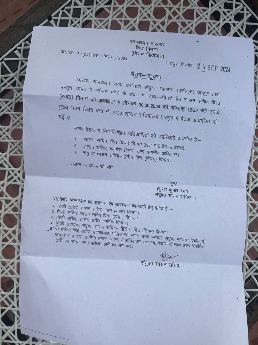 30 सितंबर को वित्त एवं कार्मिक विभाग के अधिकारियो से होगी मुख्यमंत्री की घोषणा के अनुसार वेतन विसंगतियां दूर करने,मंत्रालयिक कर्मचारियों को दूसरी पदोन्नति पर ग्रेड पे 4200, संविदा कर्मियों को नियमित करने,डीपीसी पर लगे स्टेको हटवाने, चयनित वेतनमान 8 16 24 32 वर्ष करने पर चर्चा