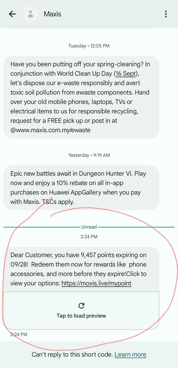 BarneyLai's tweet photo. @MaxisListens hi, just letting you know there's an sms pretending it's from you guys. The url is flagged as suspicious. @Maxis https://t.co/vql4xlsIVN