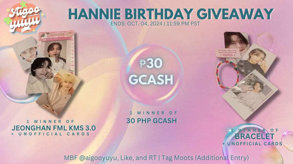 CHEONSA BIRTHDAY GIVEAWAY
1 Winner each
౨ৎ JH FML KMS 3.0
౨ৎ 30php Gcash
౨ৎ Bracelet

Mechanics:
- MBF <a href="/aigooyuyu/">Lyy🪻 | CN LAPAG</a>
- RT and LIKE
- Tag moots (Optional: additional entry)
- Must be willing to shoulder PF and SF
- Ends on 10/04/2024 | 11:59PM PST
#LyTellGiveaway