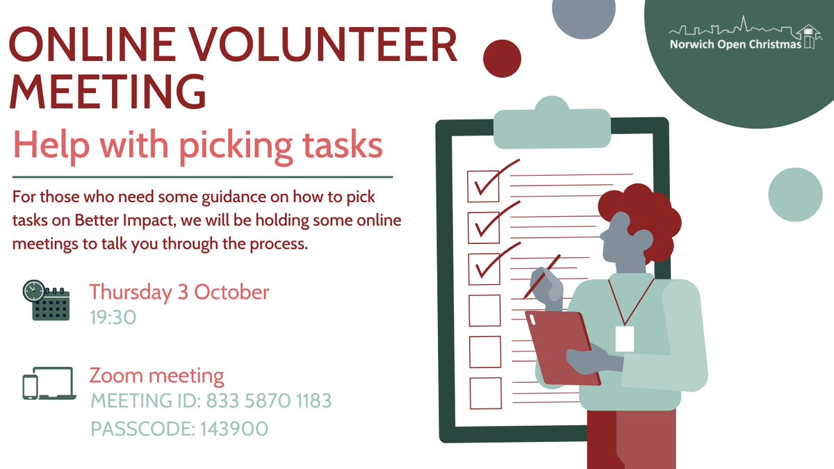 Need help with picking tasks on Better Impact?

Join us from 7:30pm to learn about how to pick tasks on our Better Impact portal - it's easy once you know how!

Go to our website for joining details: norwichopenchristmas.org.uk/sign-up