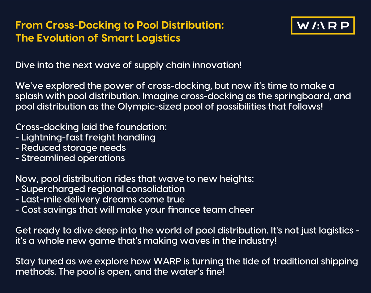 warptechco's tweet photo. From Cross-Docking to Pool Distribution: The Evolution of Smart Logistics

Contact Us:

[Ready to dive into pool distribution and make waves in your supply chain?] (https://t.co/v43qxmztZz)

#technology #middlemile #logistics #supplychain #crossdock #freighttech #pooldistribution https://t.co/Al905sufXU