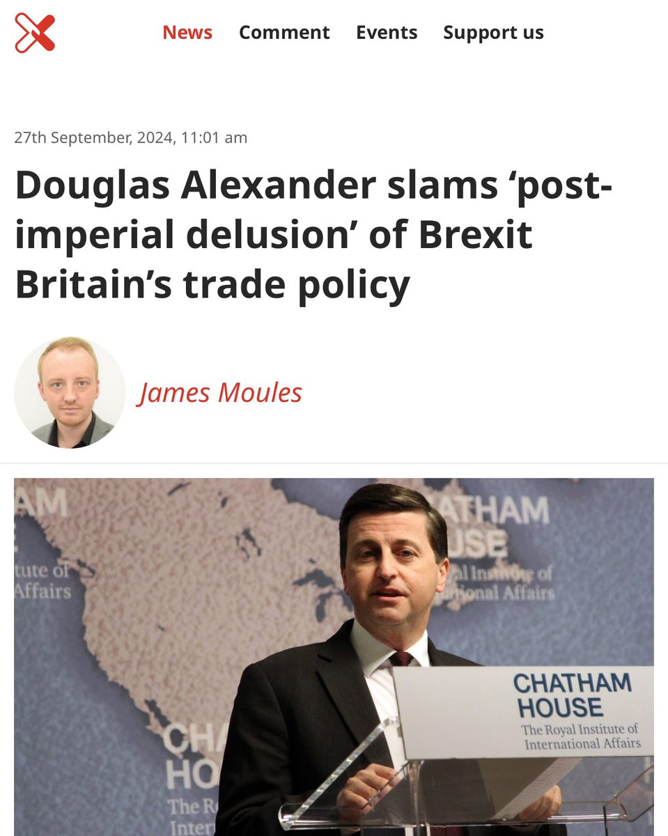 Great to hear that <a href="/D_G_Alexander/">Douglas Alexander</a> has attacked the Brexit trade policy as a “post-imperial delusion”.

As Minister of State for Trade Policy and Economic Security, he spoke at a LabourList event.

“We’ve had a lot of post-imperial delusion in British trade policy in recent years.