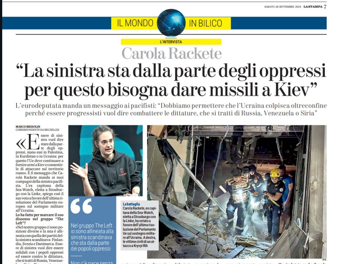 gabriele_sorba's tweet image. "Dobbiamo permettere che l'#Ucraina colpisca oltreconfine. Essere progressisti significa combattere le dittature. Non c'è pace senza giustizia".
Carola #Rackete 👏🏽👏🏽👏🏽ancora una volta migliore di tanti codardi politici italiani. Intervista di @marcobreso su La Stampa