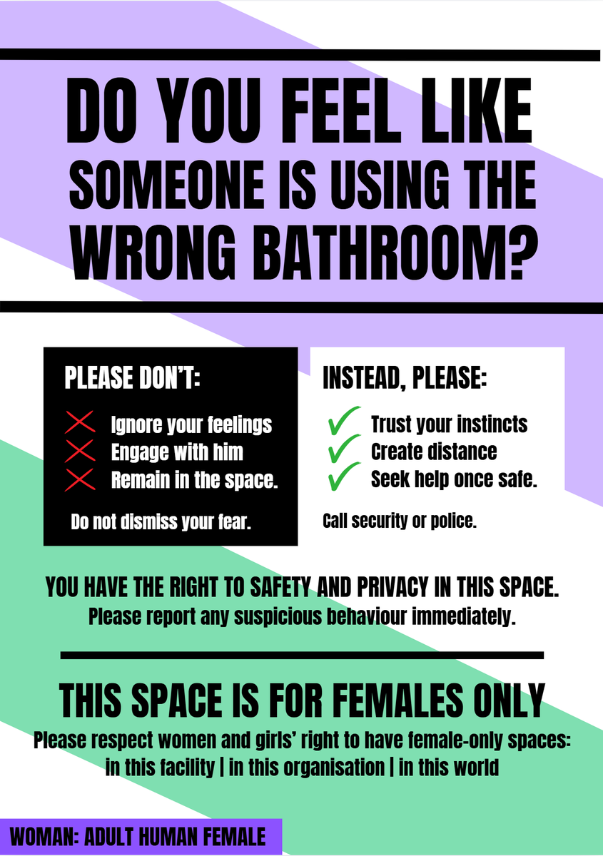 MellieAdamson's tweet photo. I don't know about you, but I have had enough of being told that men have the right to feel safe and comfortable in female-only spaces.
The onus is on males to use alternative facilities. Stop asking us to "inspect their genitals" 🤮
Like, no thanks buddy, just stay out. https://t.co/kySVvIXii7