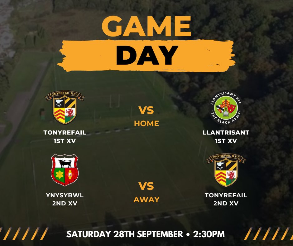 It’s Game Day

1st XV welcome Llantrisant to Parc Tylcha Fawr 

2nd XV pay a visit to Ynysybwl 

As always your support is welcomed! If you would like a pre game pint the club will open at 12pm 🍺 

🖤🧡