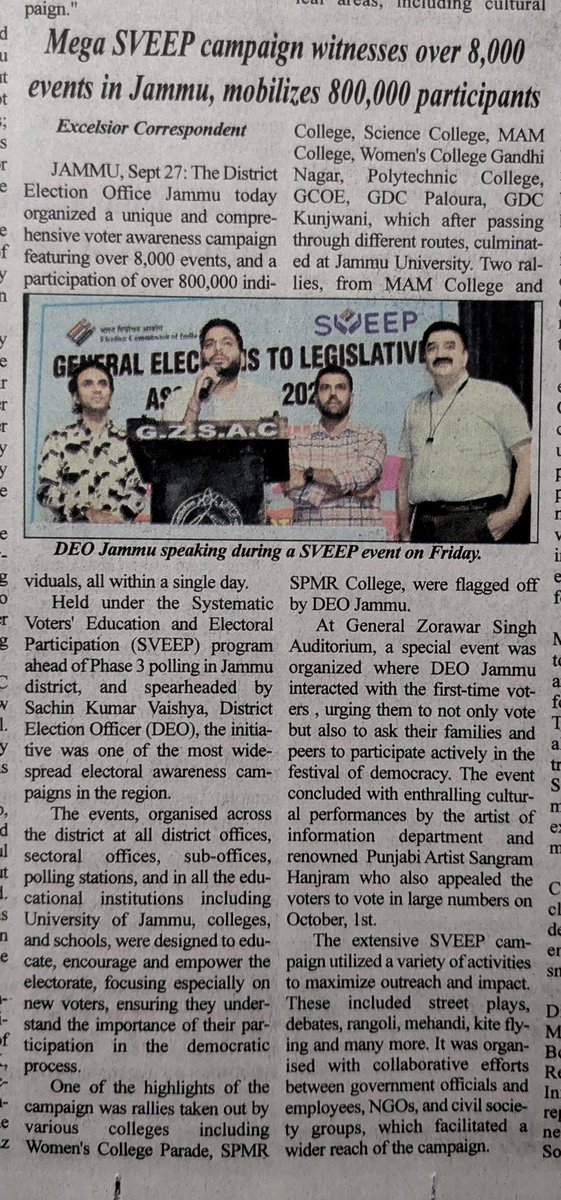 A Unique &amp; Comprehensive Voter Awareness Campaign featuring over 8000 events &amp; participation of over 800000 individuals within a single day.

"🅼🅰️🆁🅺  🆃🅷🅴  🅳🅰️🆃🅴 ||  𝟘𝟙.𝟙𝟘.𝟚𝟘𝟚𝟜" 

#ChunavKaParv 
#DeshKaGarv 
#vote4sure
#JammuVotes
#LoktantraKiJyotiVote 

<a href="/diprjk/">Information & PR, J&K</a>