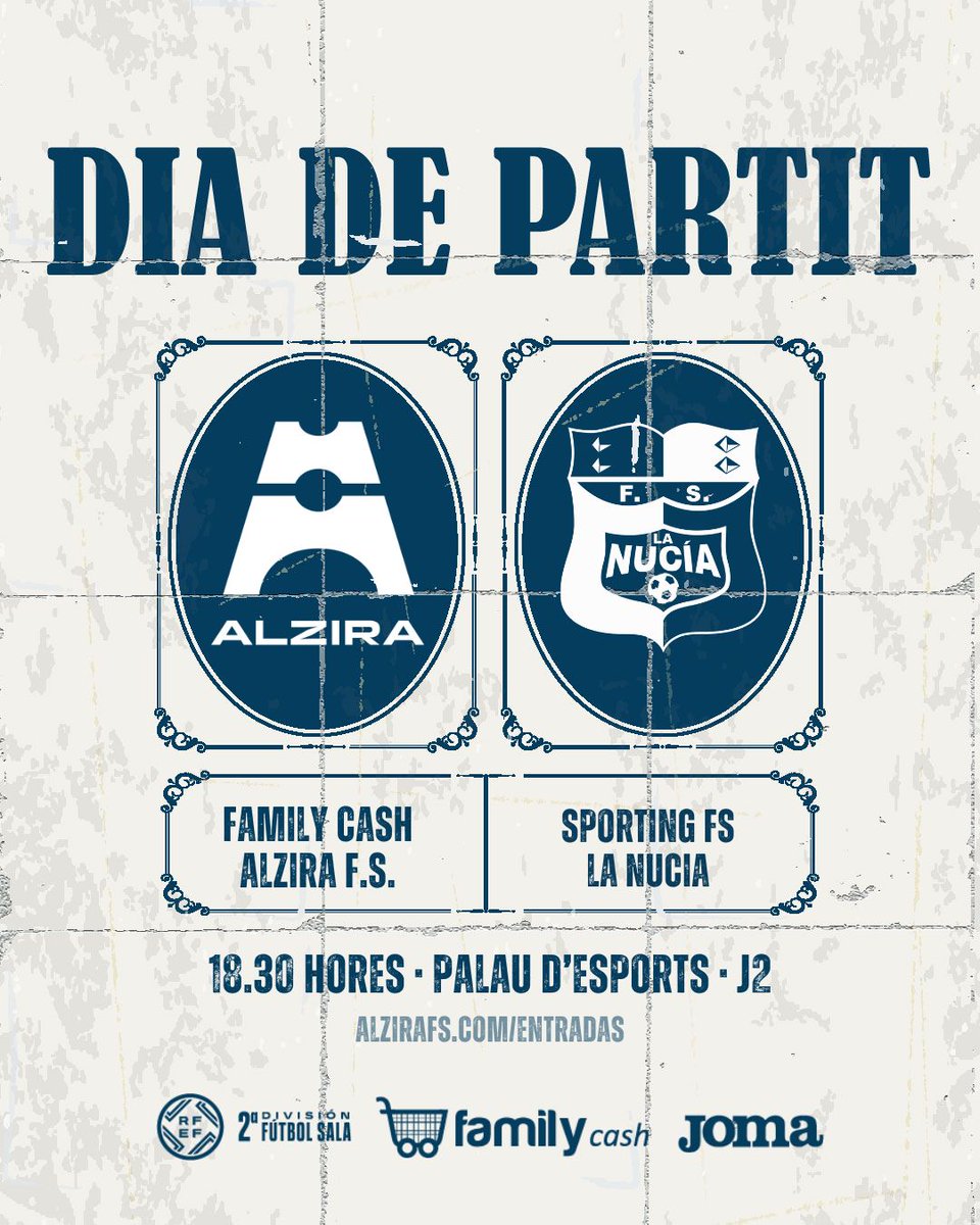 𝐇𝐔𝐈 𝐉𝐔𝐆𝐔𝐄𝐌 ⚔️

🆚 <a href="/CDNuciaFS/">CD Sporting FS La Nucía</a>
🏆 J2 · 2a Divisió
🏟️ Palau d'Esports
⌚️ 18.30h
📺 RFEF TV

🎟️ alzirafs.com/entradas

#Jonobaixe 🔥