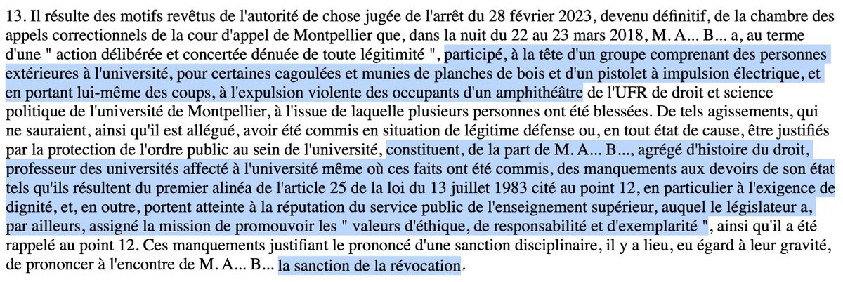 Nicolas Hervieu (@n_hervieu) on Twitter photo Discipline des universitaires : Le <a href="/Conseil_Etat/">Conseil d'État</a> décide d'infliger (lui-même...) la sanction de révocation à un Professeur d'histoire de droit.
Car en 2018, il a participé à l'expulsion violente d'étudiants d'un amphithéâtre (de la <a href="/Faculte_DSP_UM/">Faculté Droit et Science politique de Montpellier</a>).
=> bit.ly/3zNCTDE Discipline des universitaires : Le <a href="/Conseil_Etat/">Conseil d'État</a> décide d'infliger (lui-même...) la sanction de révocation à un Professeur d'histoire de droit.
Car en 2018, il a participé à l'expulsion violente d'étudiants d'un amphithéâtre (de la <a href="/Faculte_DSP_UM/">Faculté Droit et Science politique de Montpellier</a>).
=> bit.ly/3zNCTDE