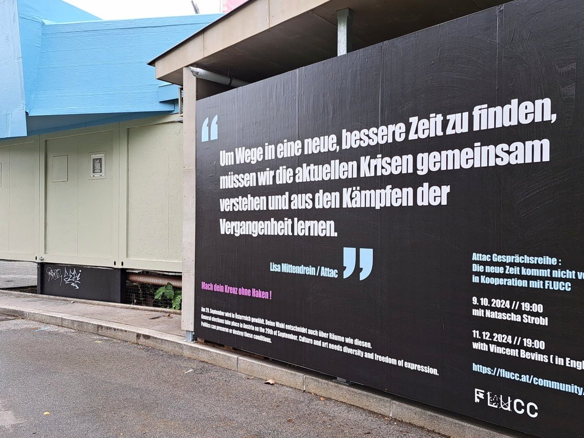 Wir haben eine Plakatwand ♥️

➡️ Morgen: Gscheit wählen.
➡️ Am 9.10.: Ins FLUCC zu <a href="/Natascha_Strobl/">Natascha Strobl</a> kommen und noch gscheiter werden.

attac.at/termine/gespra…