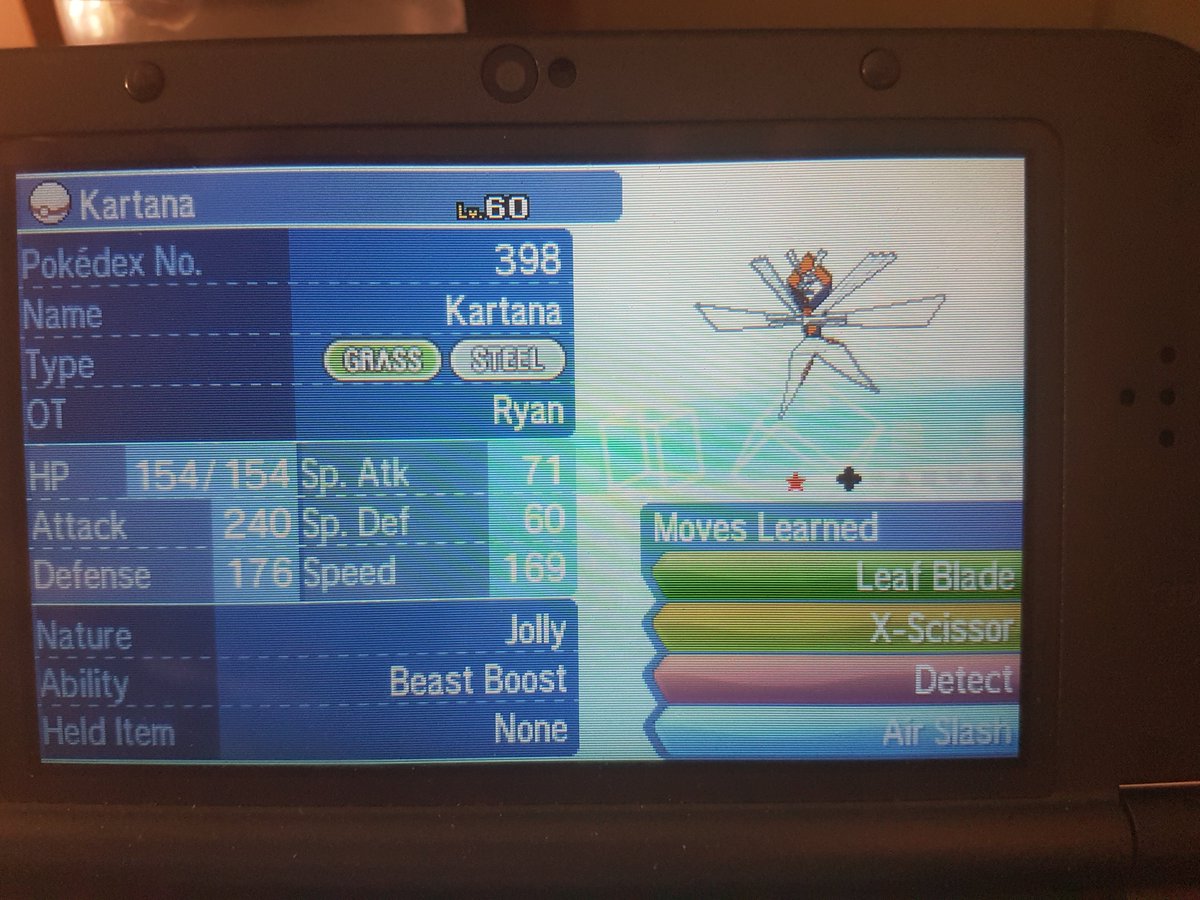 Shiny #Kartana, caught in a Premier ball back on the 26th of November 2017. One of my six favourite Pokémon! This took around 285 soft resets.