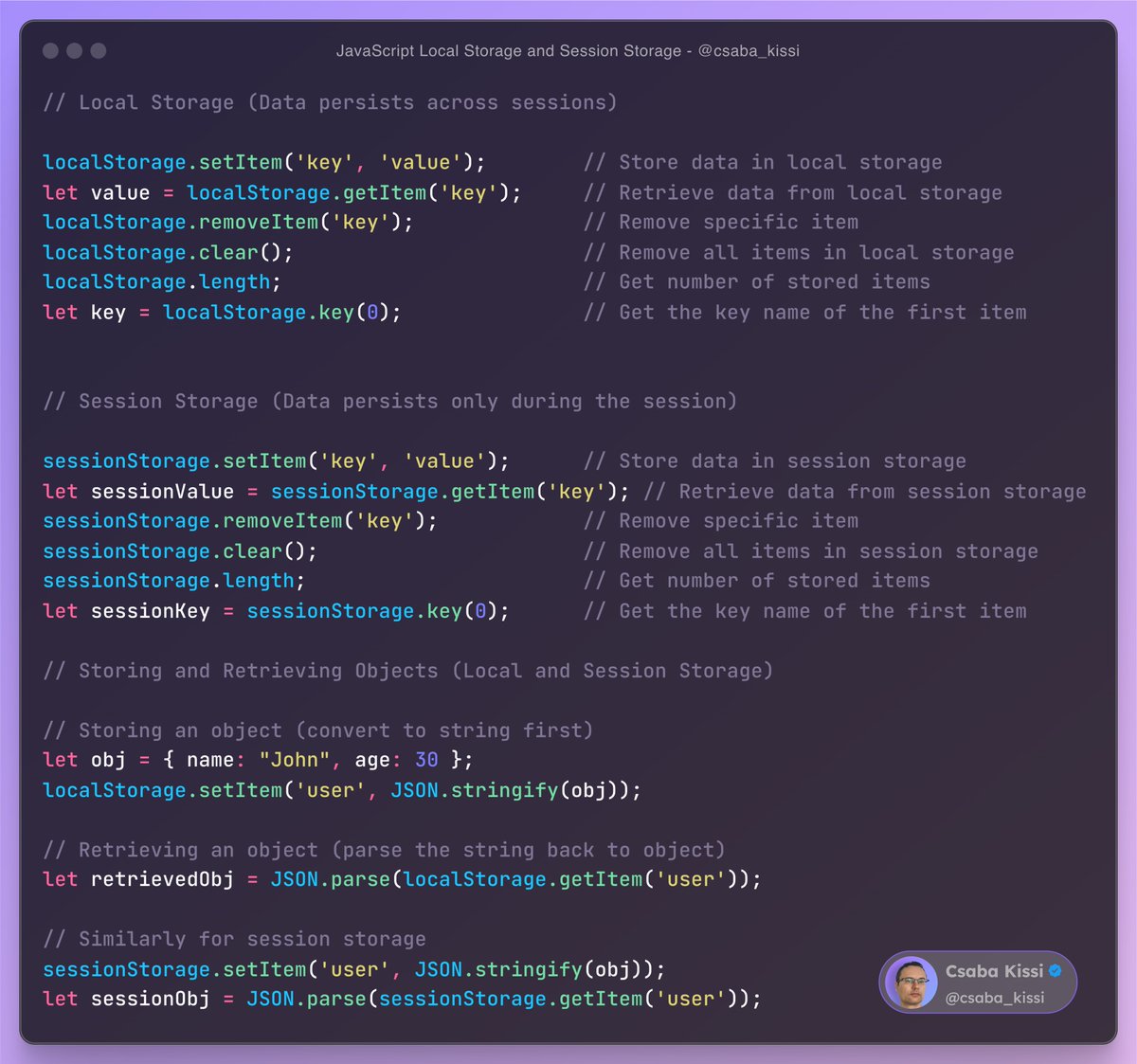 csaba_kissi's tweet image. Javascript localStorage and sessionStorage