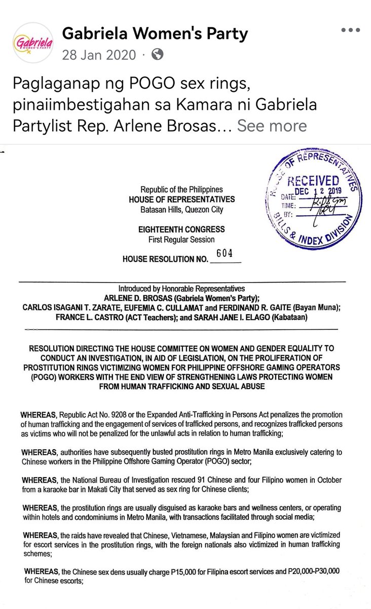 albalnce's tweet image. No. Not only Risa. Literally all of the things that have been resurfaced by POGOs were already pointed out by Makabayan reps even before they were legalized. 

Makabayan filed HB 10525 this June to ban POGOs. 

Matagal na naming tinututulan ang POGOs.