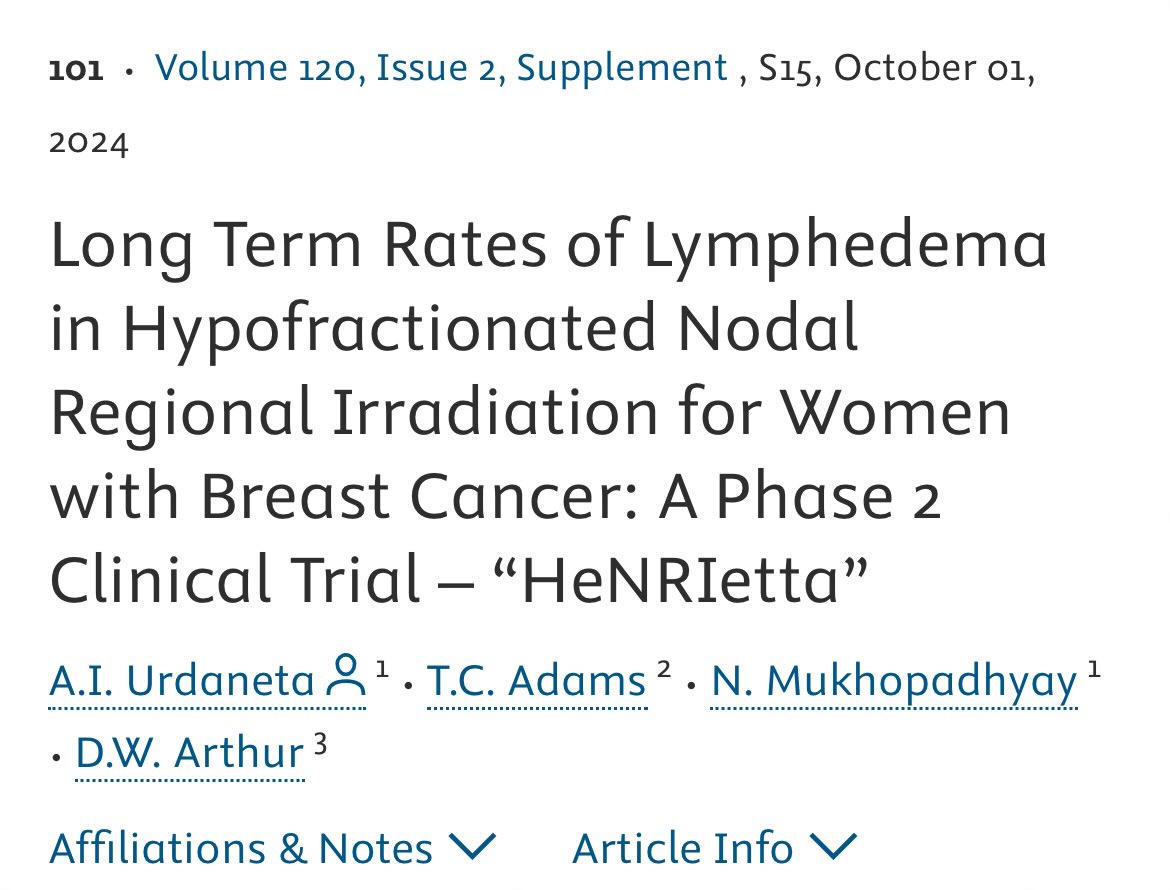 5_utr's tweet image. 🚨 “HenRIetta”
Phase 2
Breast and RNI w/ 42.56 Gy in 16 daily fractions

Primary endpoint: rate of lymphedema at 3 years

Hypofrac was NOT non-inferior (7% NI margin) for lymphedema!! #ASTRO24 

Authors conclusions: spin