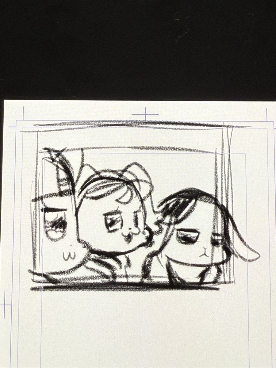 【サークルカット完成までの解説】
①
3匹の絵にしようとして
とりあえず可愛いラフを描く
②
突如として「悟くんさぁ…」
というワードが脳内に。ラフを変更する
③
みんな帽子被ってて物足りない大福が
パーマにされる
④
完成!