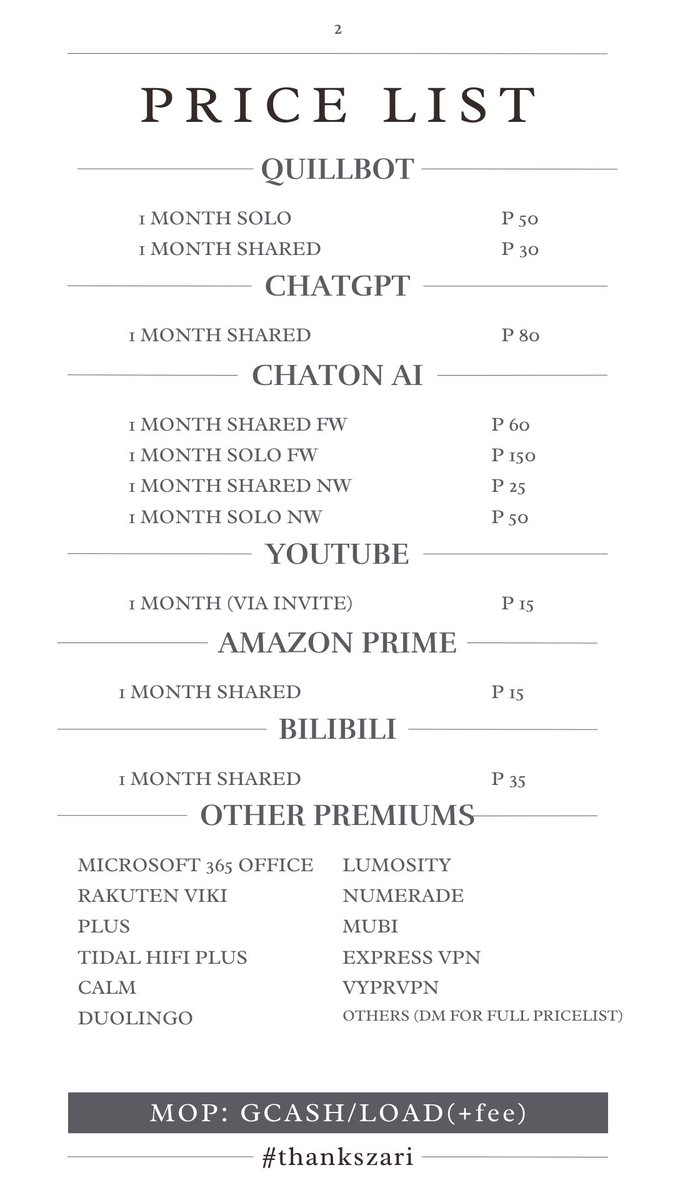 httpzari_'s tweet photo. PREMIUM ACCOUNTS FOR SALE PH

NETFLIX PREMIUM
SPOTIFY
HBO GO
DISNEY+
CANVA
GRAMMARLY
QUILLBOT
CHATGPT
CHATON AI
YOUTUBE
AMAZON PRIME
BILIBILI
OTHERS (pm)

MOP: GCASH/LOAD

tags: kpoptwt promotwt personatwt anitwt lfb wtb wts prem accts accounts freebie free payment sale load https://t.co/oQyJrr6A8C