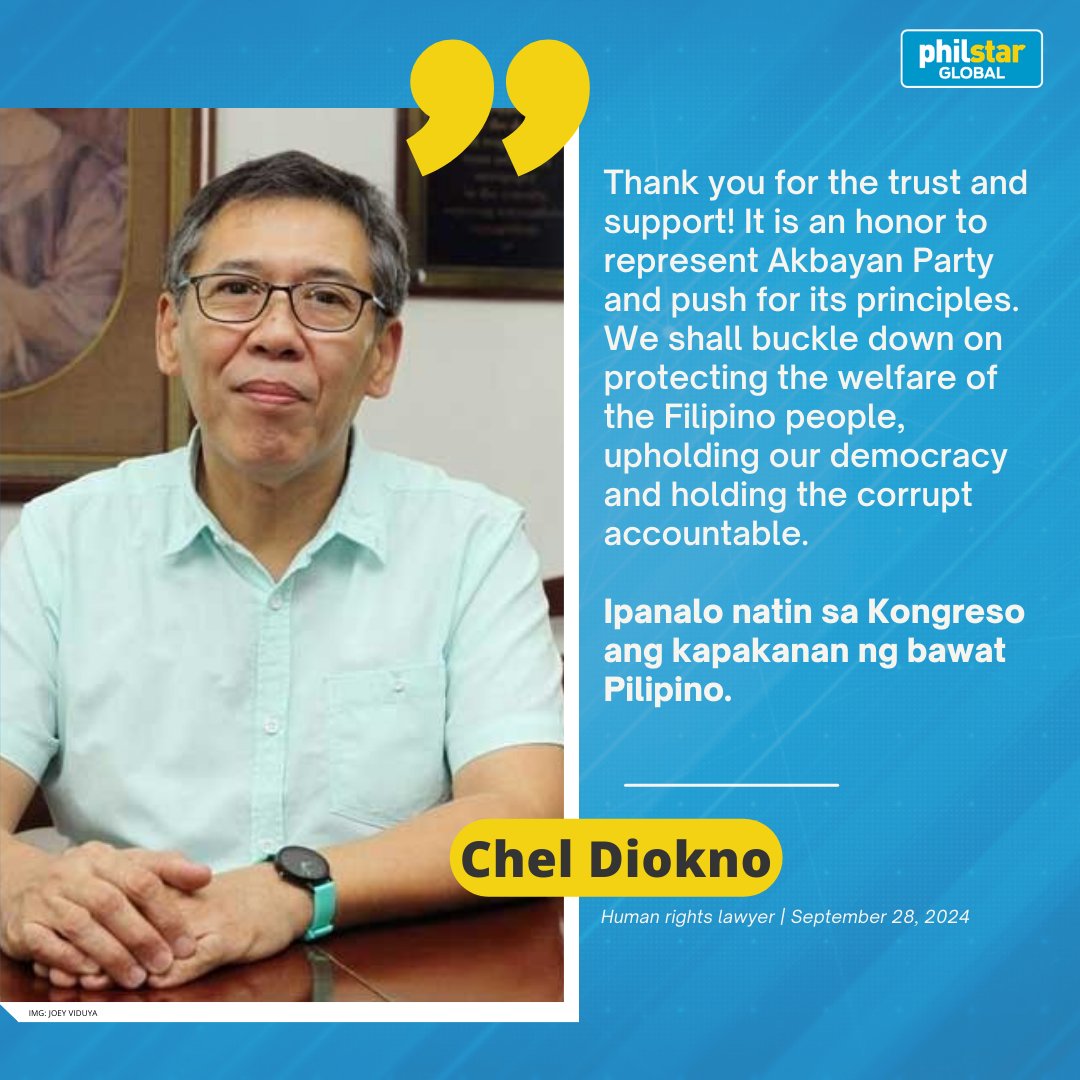 ‘IPANALO NATIN SA KONGRESO ANG KAPAKANAN NG BAWAT PILIPINO!’

JUST IN: Human rights lawyer Chel Diokno says it’s "an honor to represent" Akbayan Party as its first nominee for the 2025 party-list elections, following the political party's announcement on X (formerly Twitter) on