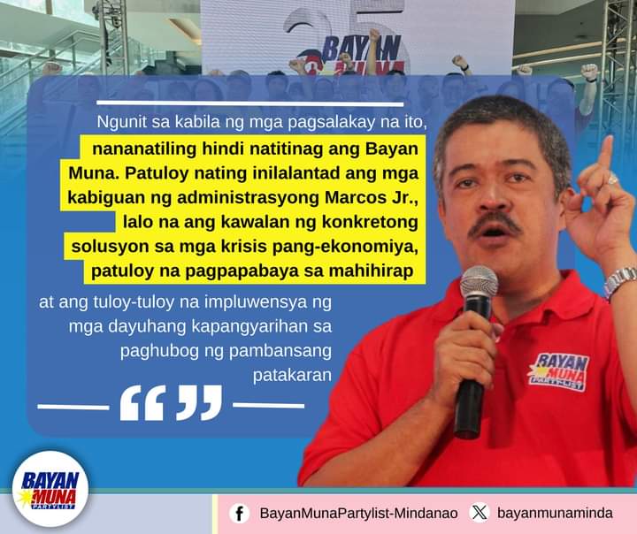 bayanmunaminda's tweet photo. Bayan BAYAN MUNA Partylist sa Dalawampu't Limang Taon ng Paglilingkod
Talumpati ni Bayan Muna Partylist Executive Vice President Atty. Karlos Ysagani Zarate para sa Ika-25 anibersaryo ng Bayan Muna Partylist, September 25, 2024
#bayanmuna25
#bayanmunasakongreso https://t.co/0vFO74WC40
