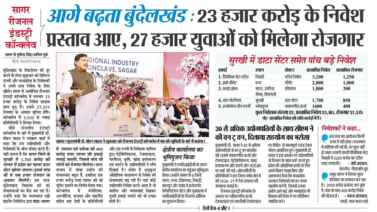 JansamparkMP's tweet photo. रीजनल इंडस्ट्री कॉन्क्लेव, सागर
आगे बढ़ता बुंदेलखंड : ₹23 हजार करोड़ के निवेश प्रस्ताव आए, 27 हजार युवाओं को मिलेगा रोजगार
@DrMohanYadav51
@CMMadhyaPradesh
@GoI_MeitY
@DPIITGoI
@MPIDC
@Industryminist1
@collectorsagar
@projssagar
#FutureReadyMadhyaPradesh #RICSagar #InvestMP2024 #RegionalIndustryConclave #प्रगति_पथ_पर_अग्रसर_बुंदेलखण्ड #Sagar #JansamparkMP