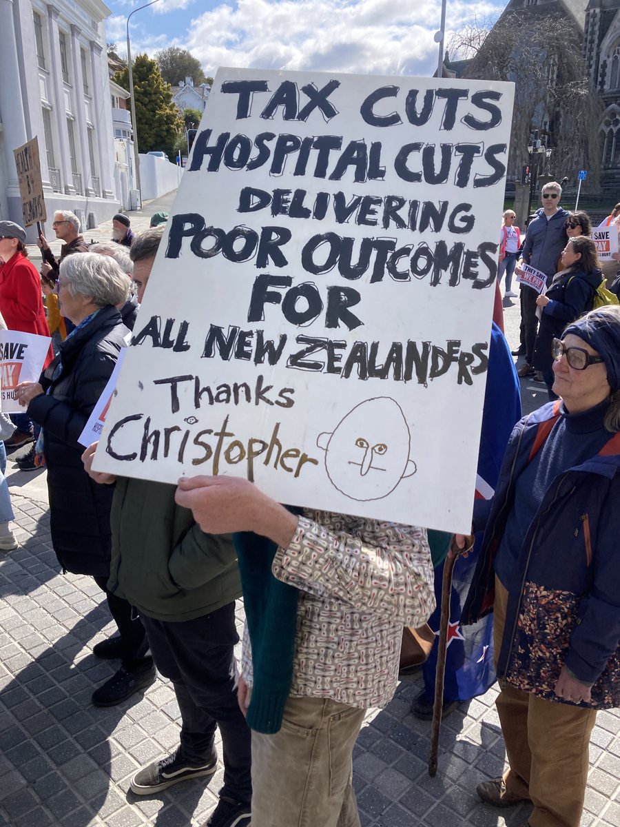 KnitMeAThneed's tweet photo. Oh Dunedin what a turnout! 35k! I took so many photos my phone died. A selection of some of the signs: #TheyLieWeDie #DunedinNZ #TheySaveWePay #HospitalCutsHurt https://t.co/ydGGf0iWlo