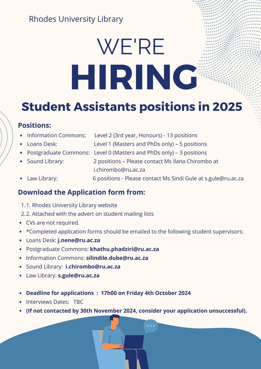 RhodesLibrary's tweet image. Calling all students! 

Library Student Assistant Vacancies for 2025 are now open! An opportunity to work in a quiet, academic environment
Apply by: 04 October 2024
Location: Main Library
Don’t miss out! Apply now and be a part of the library team!
#LibraryJobs #StudentJobs2025