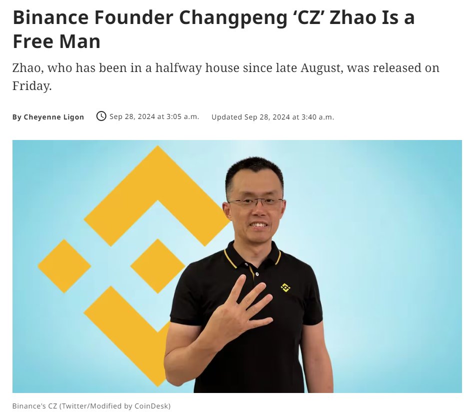 Binance founder CZ is officially out of prison and released two days early!

The BOP is legally allowed to release prisoners early if their release date falls on a weekend or holiday.