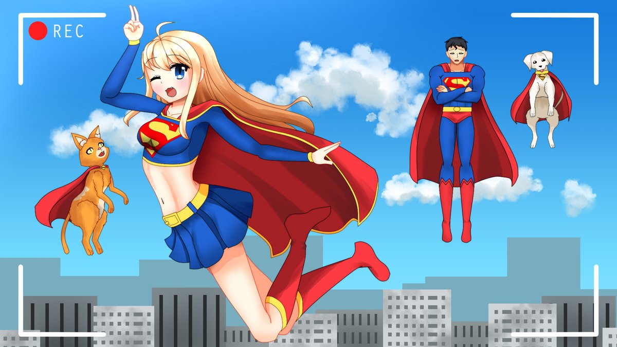 Supergirl and Streaky posing for the camera while Superman and
