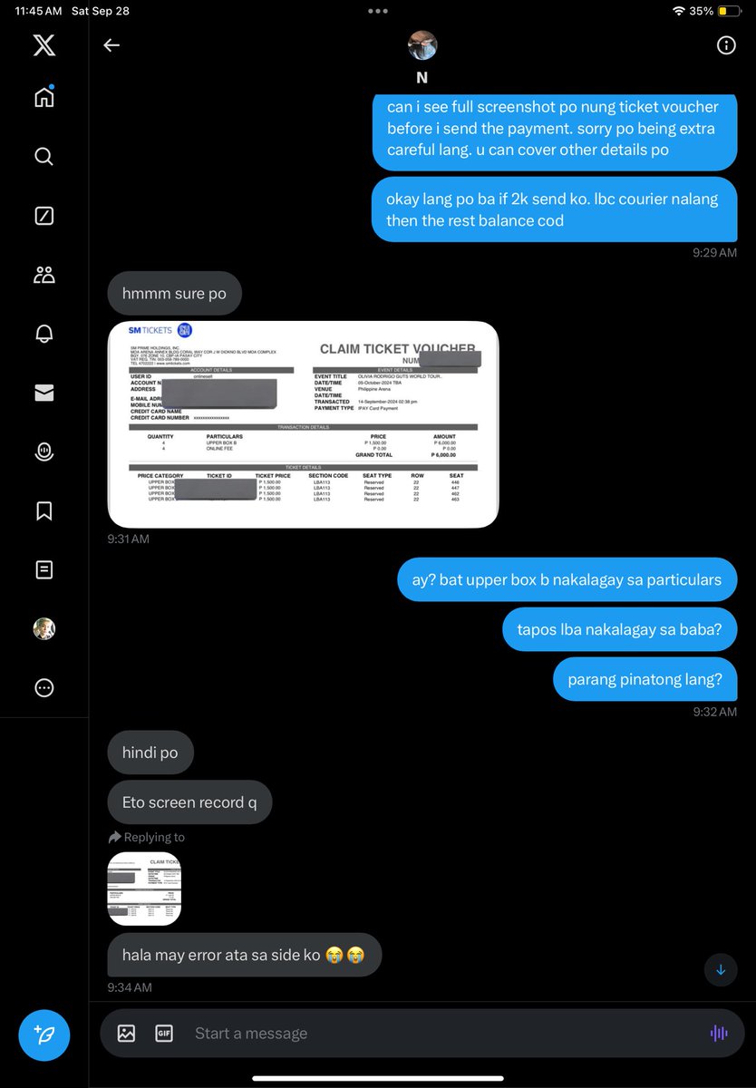 _OnceUponIlac's tweet photo. scammer alert! @avrilyannazwzxx

pls be alert when transacting with accounts that provide this id! They were selling LBA olivia rod guts tix with an edited voucher. After i sent a dm, they made their acc private &amp; deleted the post. The owner of the id also denied it to be his acc https://t.co/EEwvhPpSMo