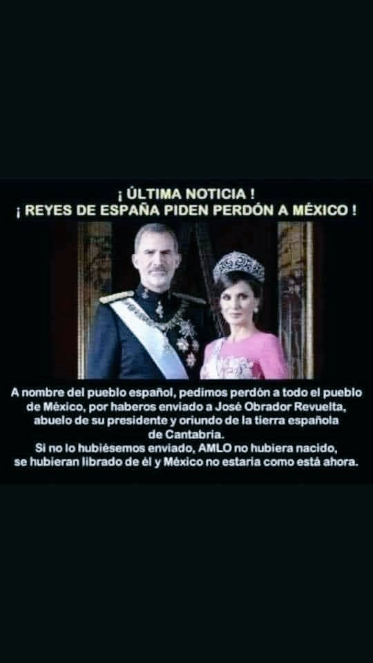 Oye don kkstroso <a href="/lopezobrador_/">Andrés Manuel</a> la Monarquía española ya pidió perdón a México 👏👏👏👏👏