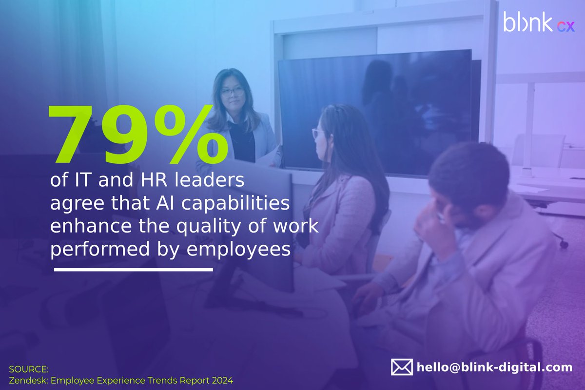 Hi. Vee here!

Ending this first week of October with this info from <a href="/Zendesk/">Zendesk</a> that reveals that 79% of IT and HR leaders agree that #AI capabilities enhance the quality of work employees perform.

How are you ensuring employees' work-life balance?
#EmployeeExperience #EX