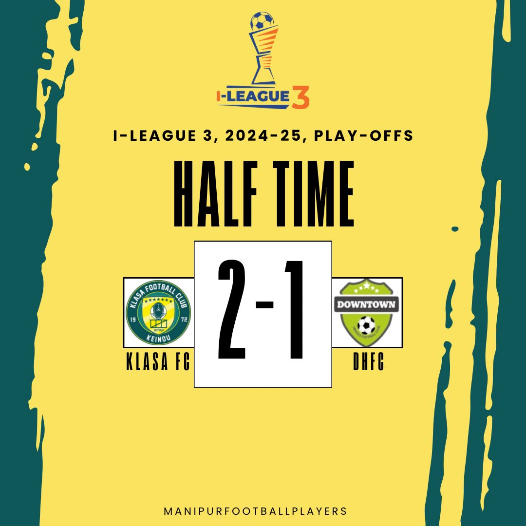 manipurfootball's tweet photo. HALF-TIME🚨| KLASA FC Takes 2-1 Lead Over Downtown Heroes FC at Halftime in I-League 3 Playoffs.
#ILeague3 #ManipurFootball #KLASAFC https://t.co/CdExbo4GFW