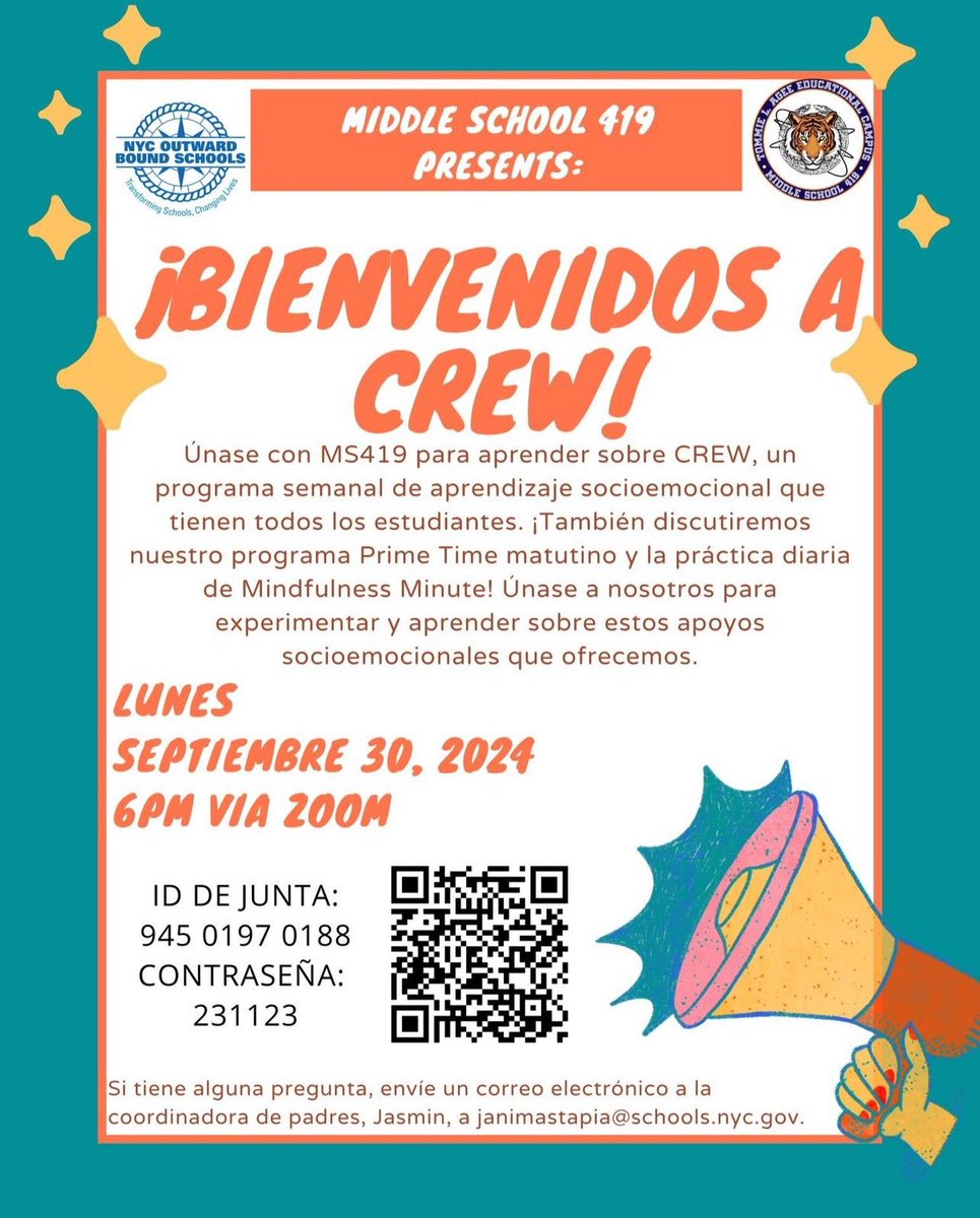 QMs419's tweet photo. On Monday, September 30th, we will have a workshop discussing our social emotional learning supports and programs including our partnership with @nycoutwardbound and CREW! Please join us to hear about the daily programs. @NYC_District24 @NYCSchools https://t.co/v9pMgQ9mfU
