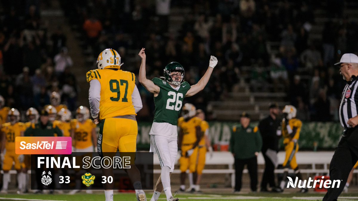 skhuskies's tweet image. COMBACK COMPLETE ✅

Huskies outscore U of A 19-8 in the 4th quarter to lift the Dogs to VICTORY!

FINAL SCORE:
Dogs: 33
Golden Bears : 30

UP NEXT: Huskies vs Bisons Fri Oct 4th at Griffiths Stadium. Get your tickets at huskies.usask.ca

#HuskiePride | #PowerofthePack
