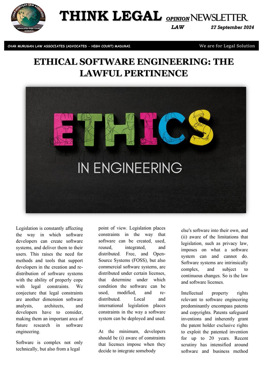 law_murugan's tweet image. OPINION LAW NEWSLETTER 
ETHICAL SOFTWARE ENGINEERING: THE LAWFUL PERTINENCE
#ethicalsoftware | #Engineering | #lawfulpertinence | #OPINION | #law | #newsletter | #charmuruganlawassociates |