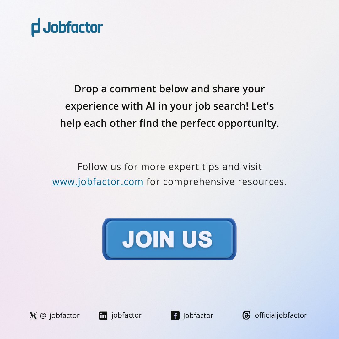 _jobfactor's tweet photo. 3. Perfect job match: Imagine getting job alerts that are actually relevant to you!   
Don't let the job search stress you out!  AI is your new wingman, helping you navigate your career path. 
Ready to take charge? https://t.co/ptBhQ3oTXn