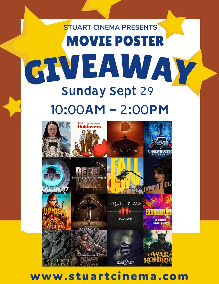 Stuart Cinema and Cafe (@stuartcinema) on Twitter photo Free movie poster giveaway! Sunday, September 29th 10am - 2pm <a href="/StuartCinema/">Stuart Cinema and Cafe</a> stuartcinema.com Free movie poster giveaway! Sunday, September 29th 10am - 2pm <a href="/StuartCinema/">Stuart Cinema and Cafe</a> stuartcinema.com
