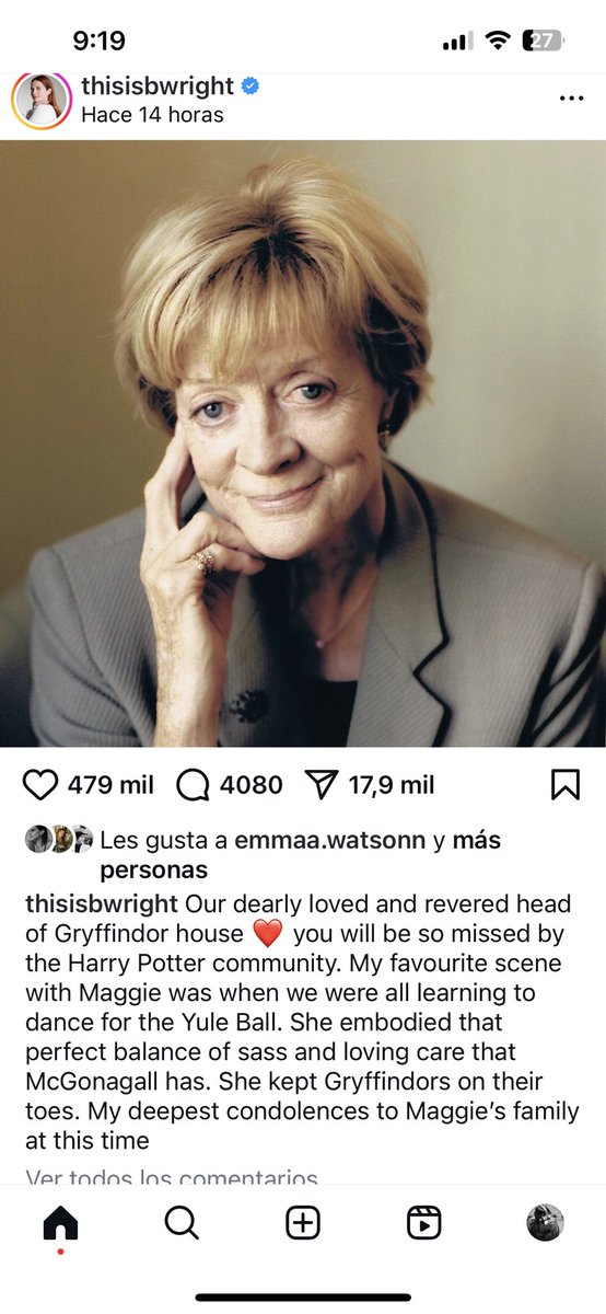Goldilocks1013's tweet photo. 😢 #EmmaWatson , #RupertGrint #TomFelton &amp; #RobinWright  se despiden cariñosamente en sus cuentas de IG 📸 de su profesora #MinervaMcGonagall 🧙‍♀️
❤️‍🩹Todo el mundo #potterhead tiene el corazón roto 👇‼️

#RIPDameMaggieSmith #MaggieSmithRIP https://t.co/qhy2PnT1uM