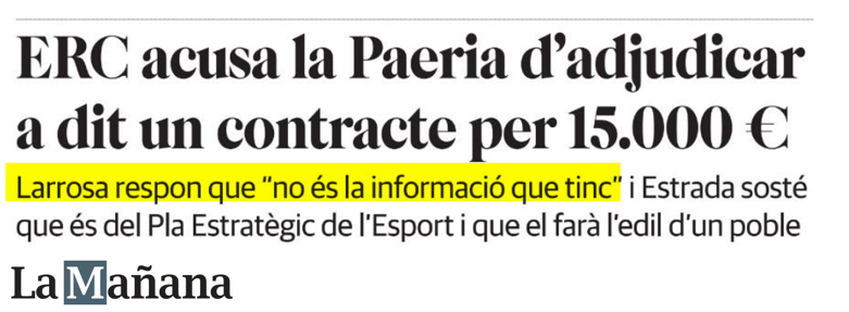 L'alcalde <a href="/flarrosa/">Fèlix Larrosa</a> diu que ell no en sabia res del contracte adjudicat a dit que <a href="/ercpaeria/">ERC a la Paeria #LaTevaLleida</a> va denunciar al ple municipal i que demanarà informació al seu regidor d'Esports <a href="/jacquiver/">Jackson Quiñonez</a>. 
Es molt estrany que digui això perquè, segons es diu al Decret d'adjudicació del contracte,