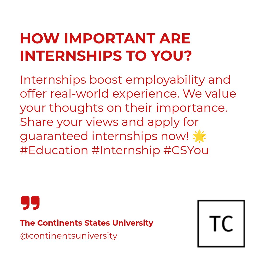 mycontinents's tweet image. Internships in higher education are crucial!  

They enhance employability and provide real-world experience.  

Guaranteed internships make a significant difference.  

Apply Now! 🌟 #Education #Internship
#CSYou